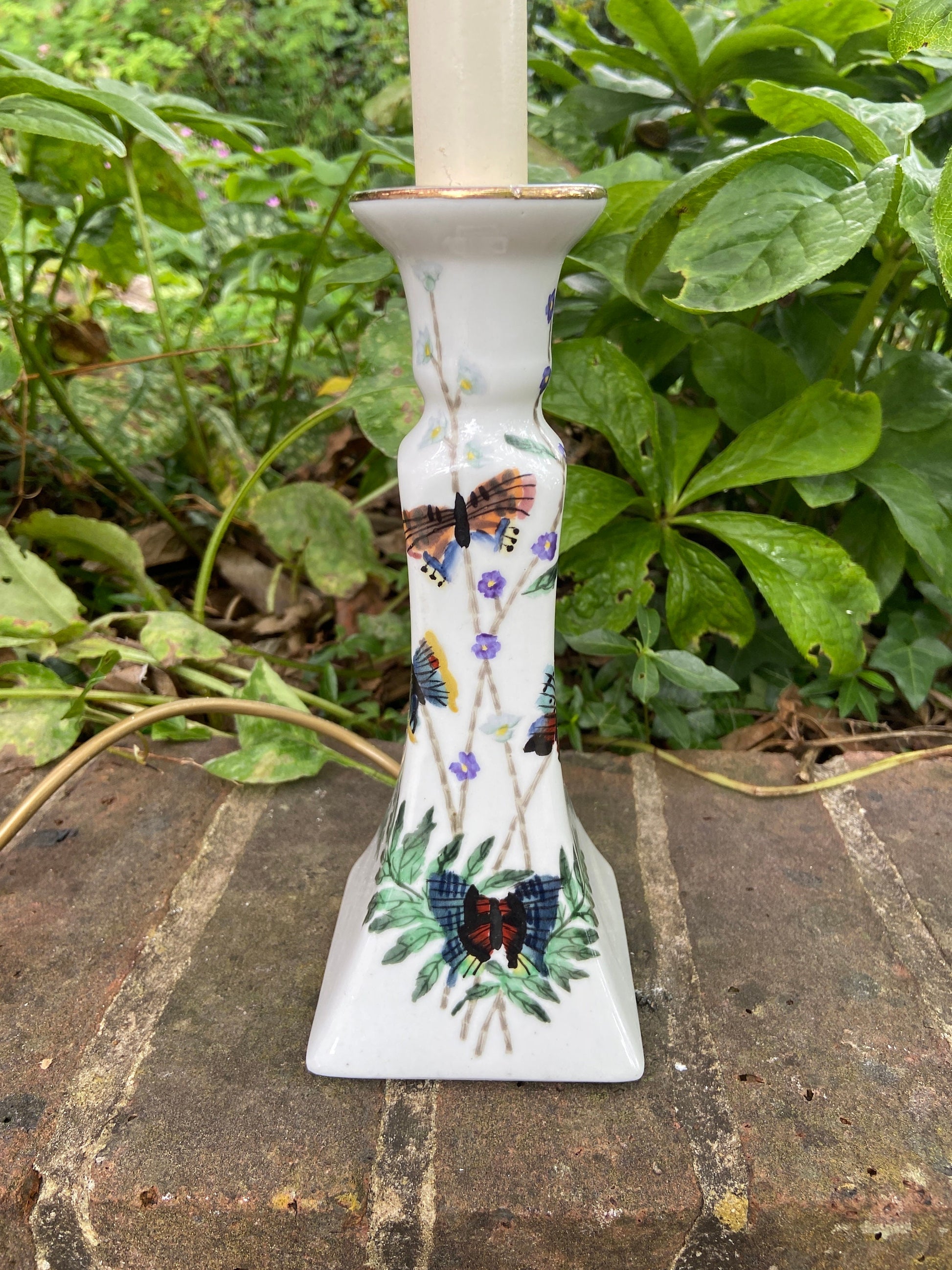 Vintage table lamp - handpainted tall candlestick style working table lamp - butterflies and plants