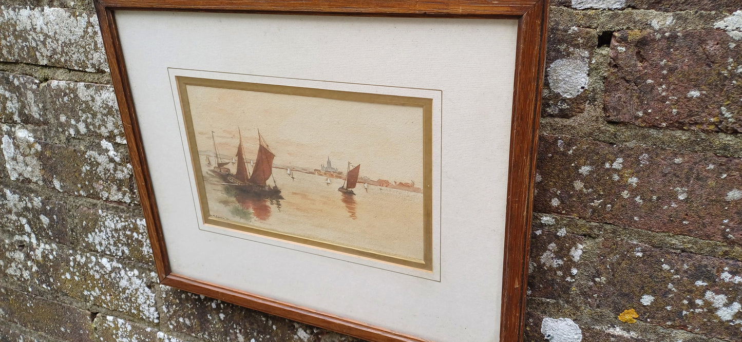 Antique watercolour of sail ships in a bay, by W.M. Essex - original vintage painting in vintage glazed framed, likely 1920s