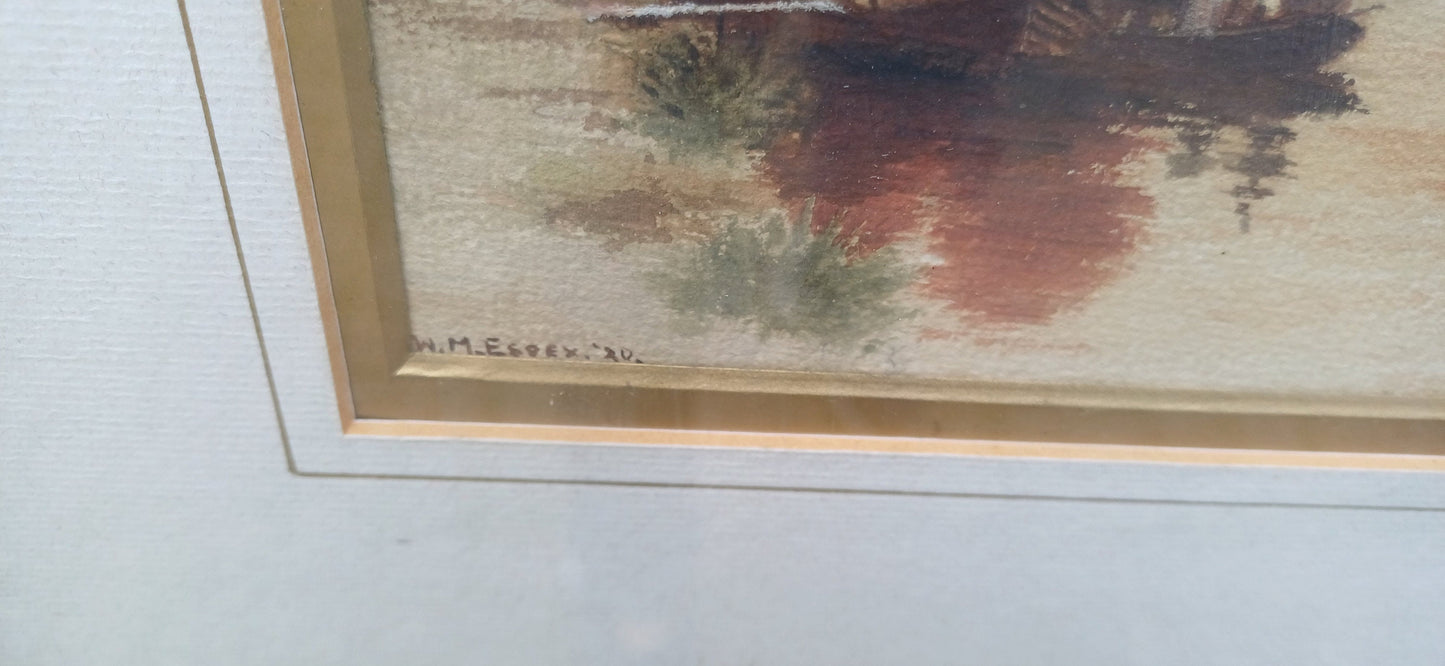 Antique watercolour of sail ships in a bay, by W.M. Essex - original vintage painting in vintage glazed framed, likely 1920s