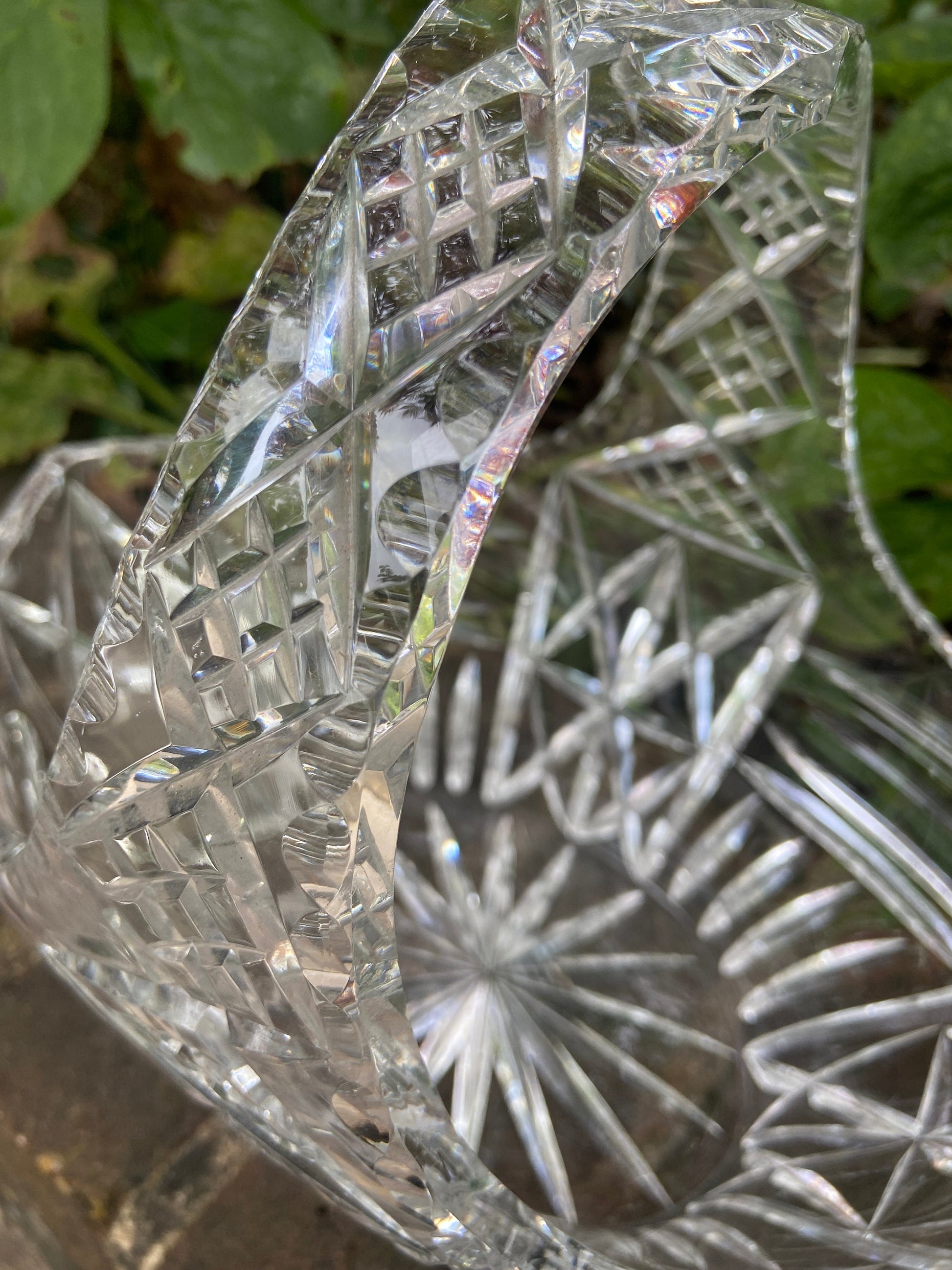 Vintage heavy crystal glass basket bowl - great for fruit, flowers, or a table display, good size, excellent condition