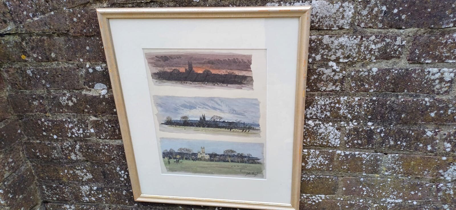 three delightful small watercolour sketches of canterbury cathedral. painted by John Boyle. different times of the day of the same view of the cathedral