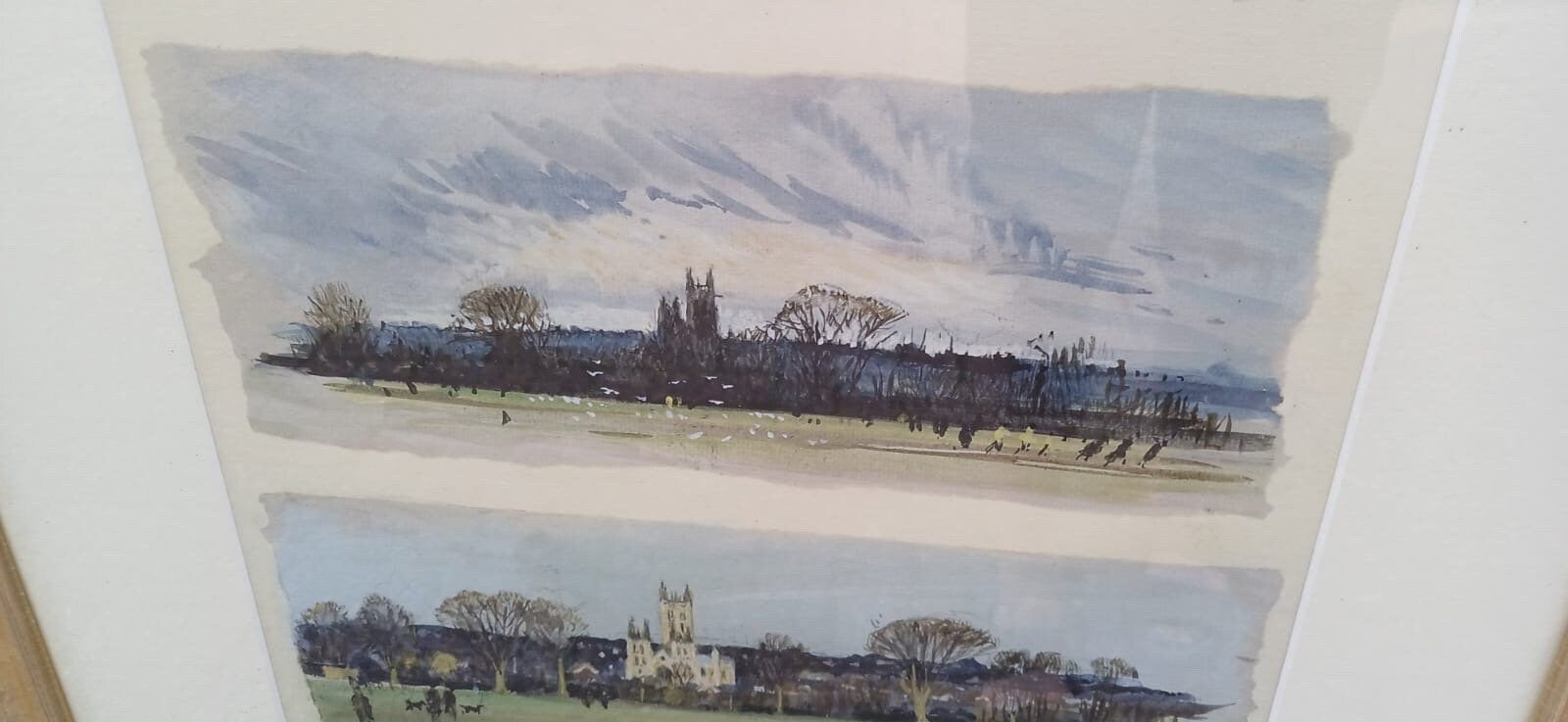 Vintage Canterbury Cathedral by day and night watercolour sketches by John Boyle in glazed vintage painted frame, trio of paintings