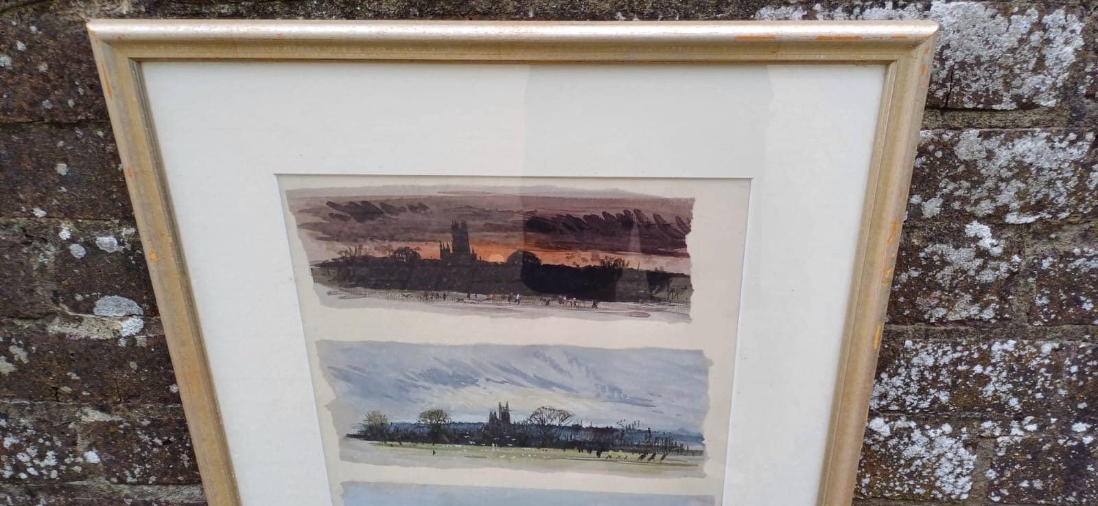 Vintage Canterbury Cathedral by day and night watercolour sketches by John Boyle in glazed vintage painted frame, trio of paintings