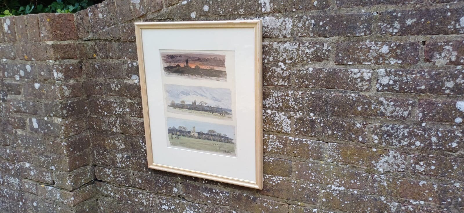 Vintage Canterbury Cathedral by day and night watercolour sketches by John Boyle in glazed vintage painted frame, trio of paintings