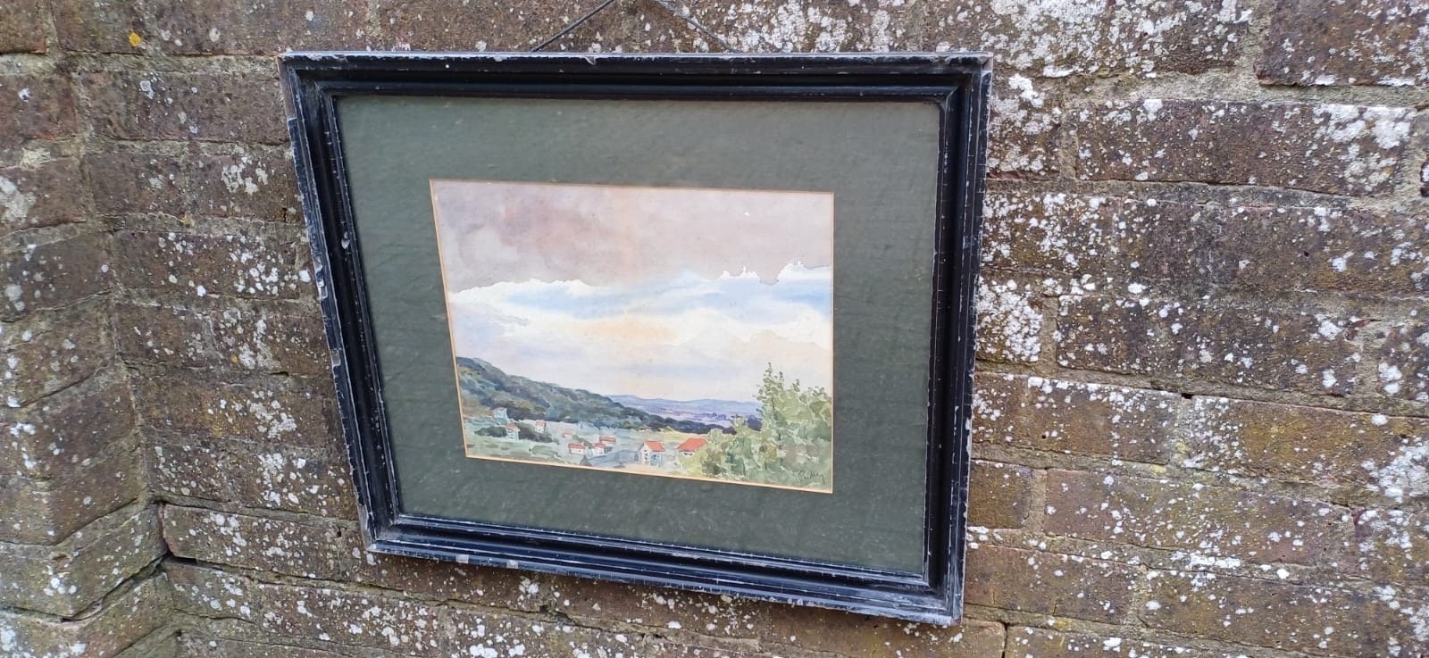 Vintage black gesso frame with a landscape watercolour painting, original vintage painting in vintage black glazed frame, early 1900s