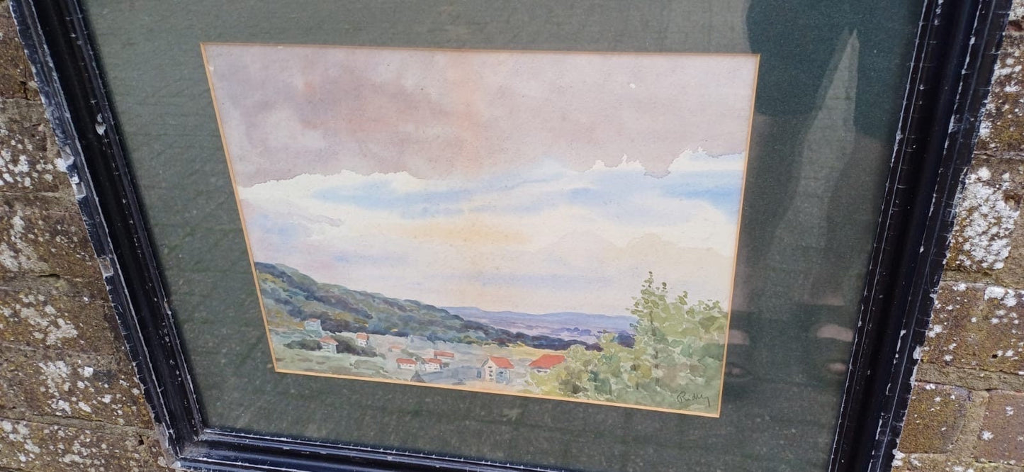 Vintage black gesso frame with a landscape watercolour painting, original vintage painting in vintage black glazed frame, early 1900s