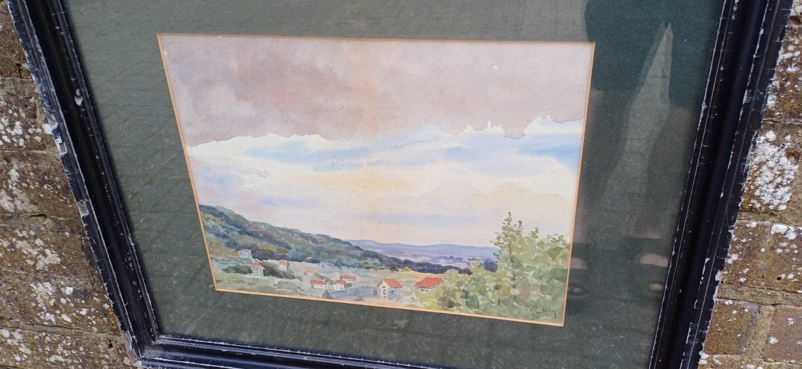 Vintage black gesso frame with a landscape watercolour painting, original vintage painting in vintage black glazed frame, early 1900s