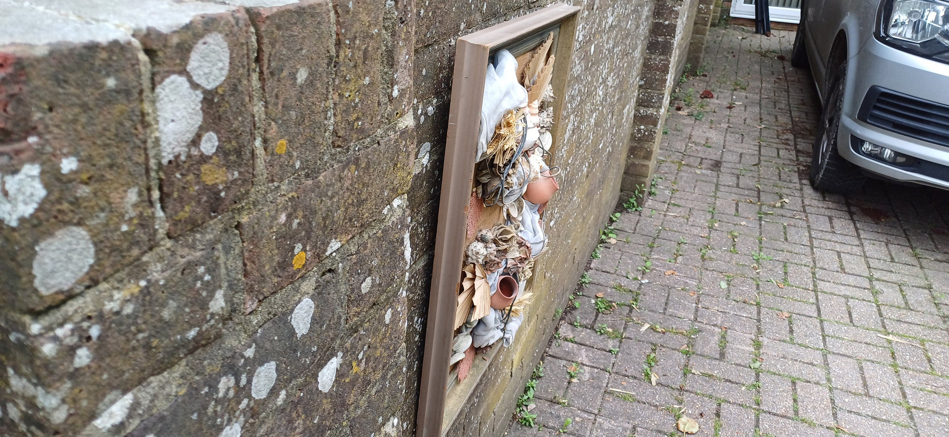 Stunning piece of 3D craft/ collage - real shells, coral, material, plants all displayed on a hessian backing in a upcycled vintage frame