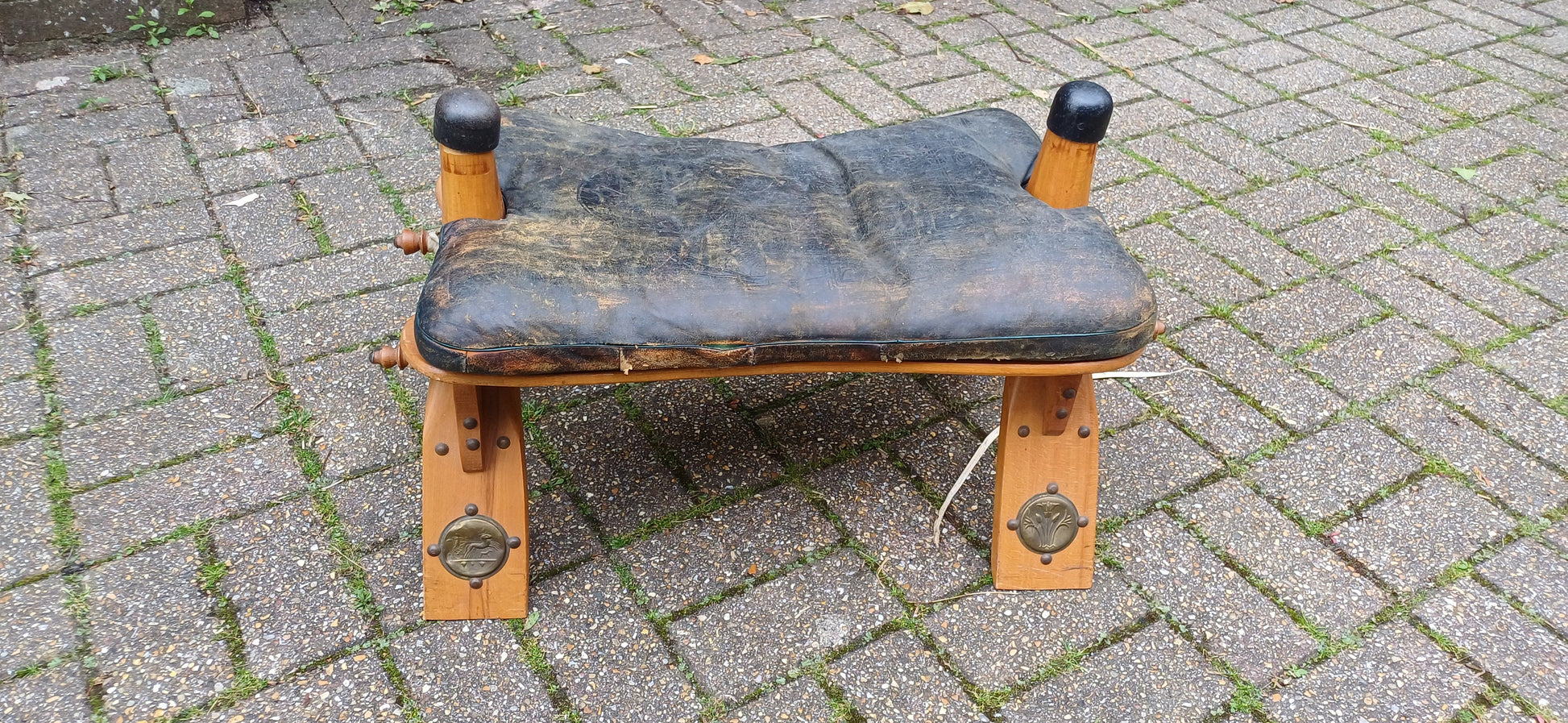Wonderful Vintage Wooden Camel Stool with Age Worn Leather Cushion