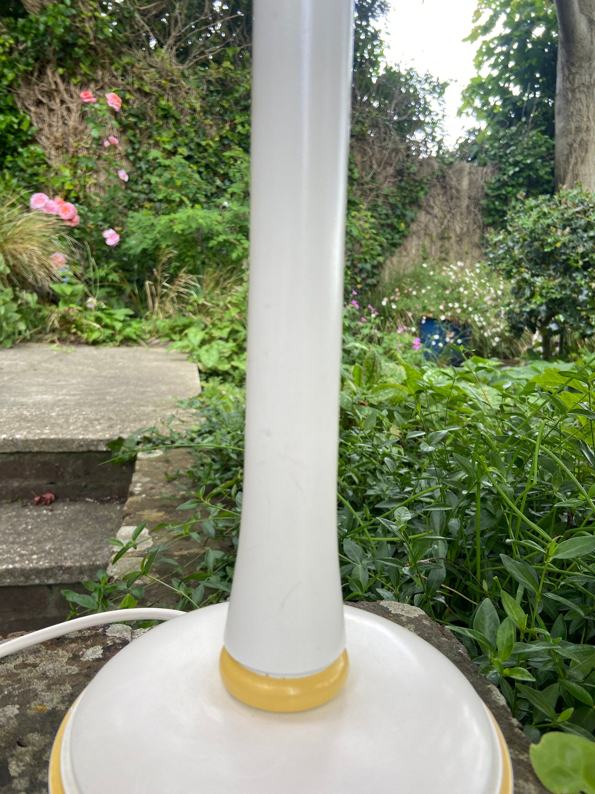 Vintage Laura Ashley painted wooden yellow striped and cream/white vintag table lamp