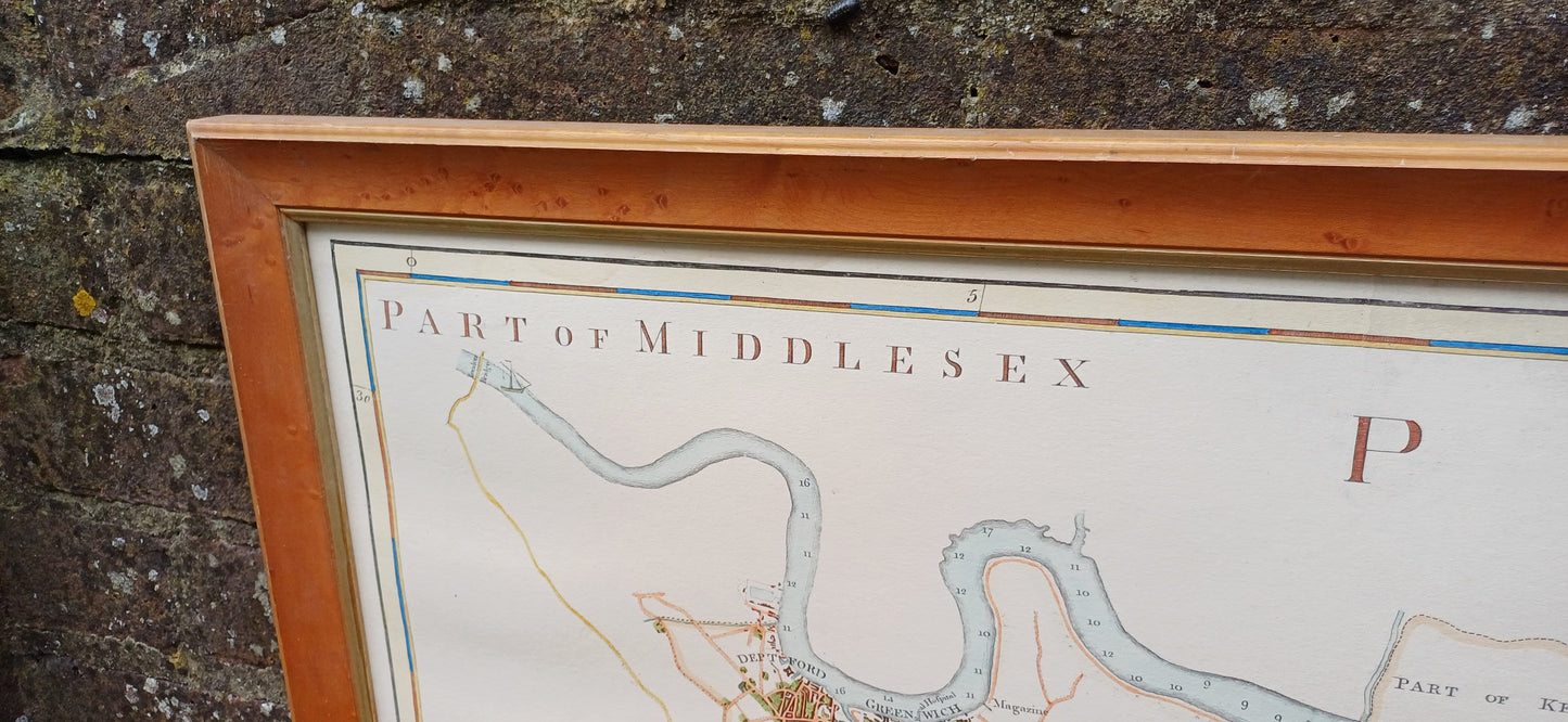 Vintage hand coloured reproduction of original engraving of a Map of Middlesex (part), vintage map print