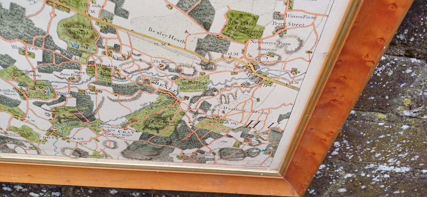 Vintage hand coloured reproduction of original engraving of a Map of Middlesex (part), vintage map print