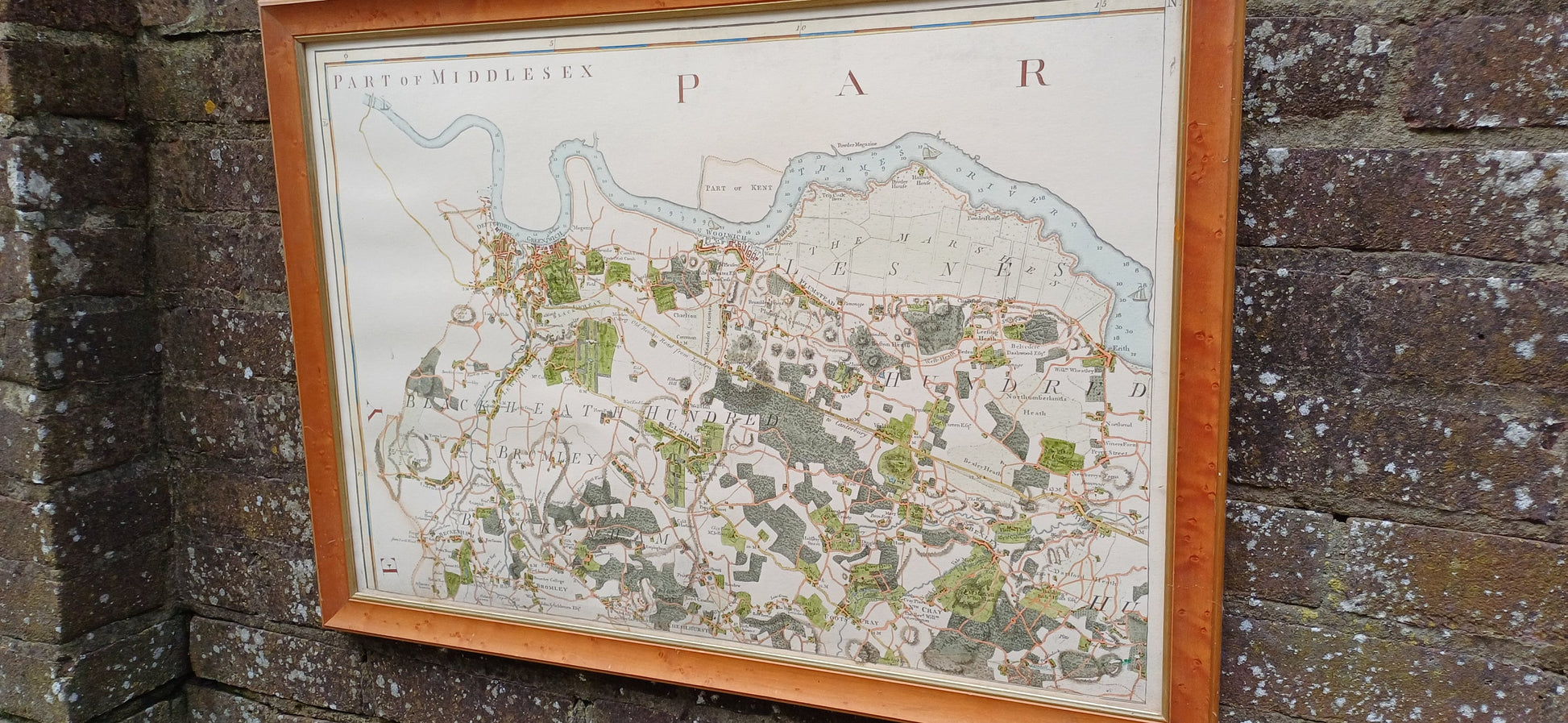 Vintage hand coloured reproduction of original engraving of a Map of Middlesex (part), vintage map print