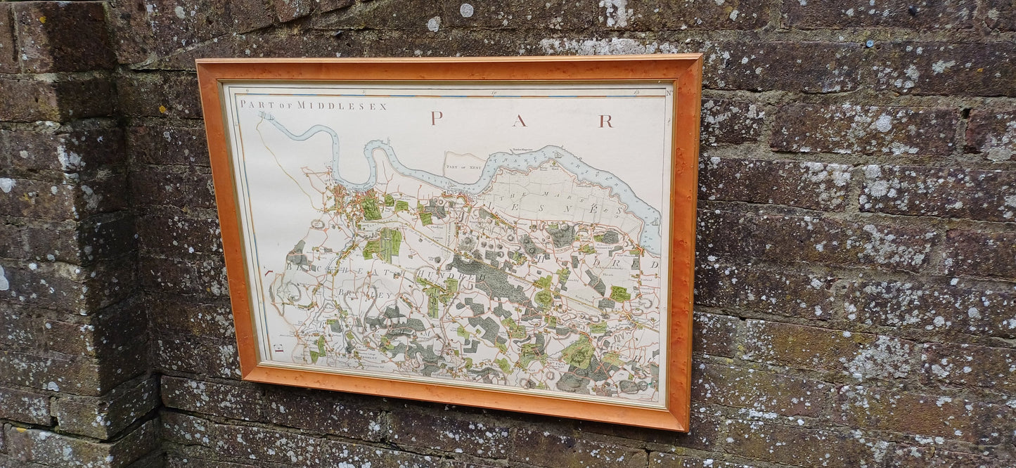 Vintage hand coloured reproduction of original engraving of a Map of Middlesex (part), vintage map print