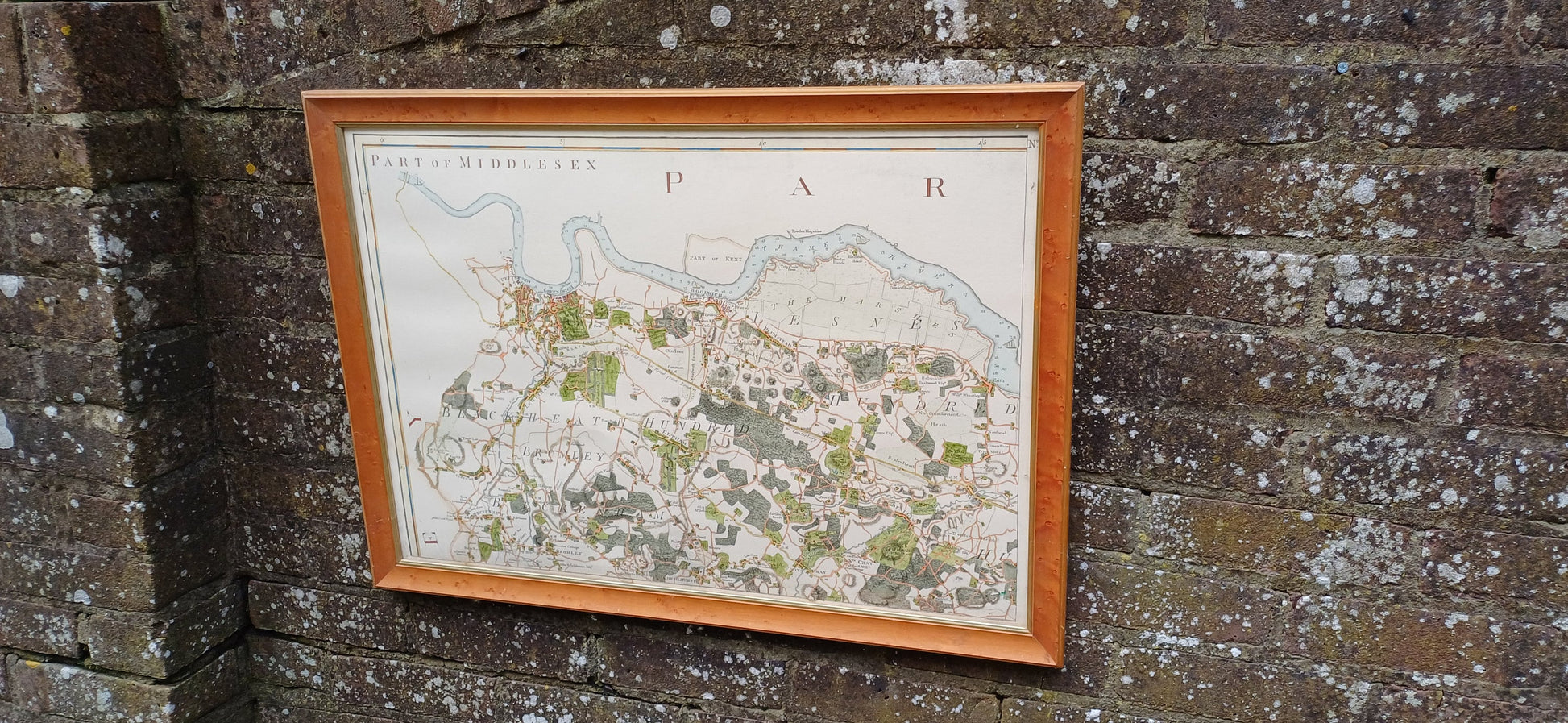 Vintage hand coloured reproduction of original engraving of a Map of Middlesex (part), vintage map print