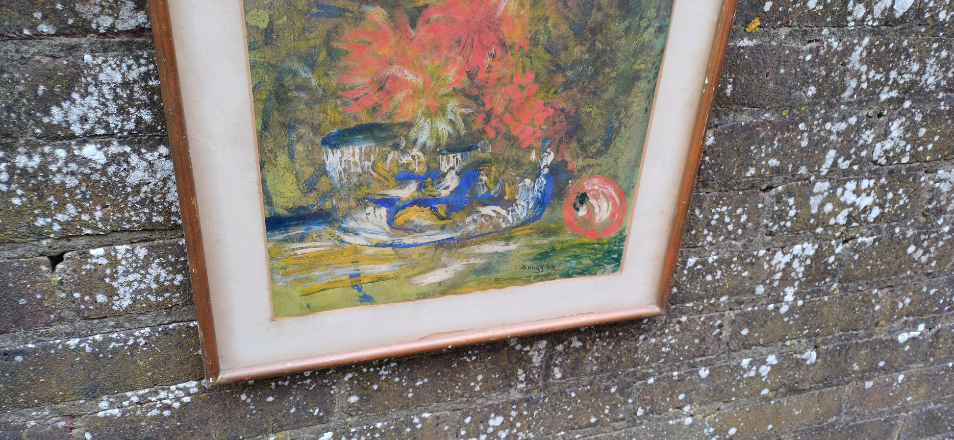 Retro authentic Abstract Still Life, oil painting, by Bungy 1964 - glazed wooden frame, ready to hang