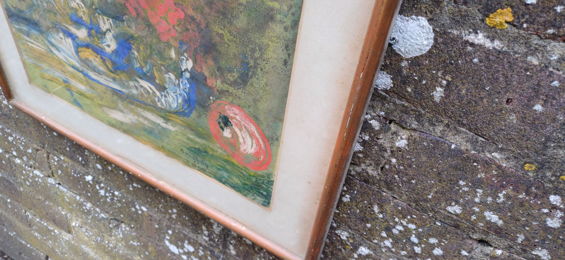 Retro authentic Abstract Still Life, oil painting, by Bungy 1964 - glazed wooden frame, ready to hang