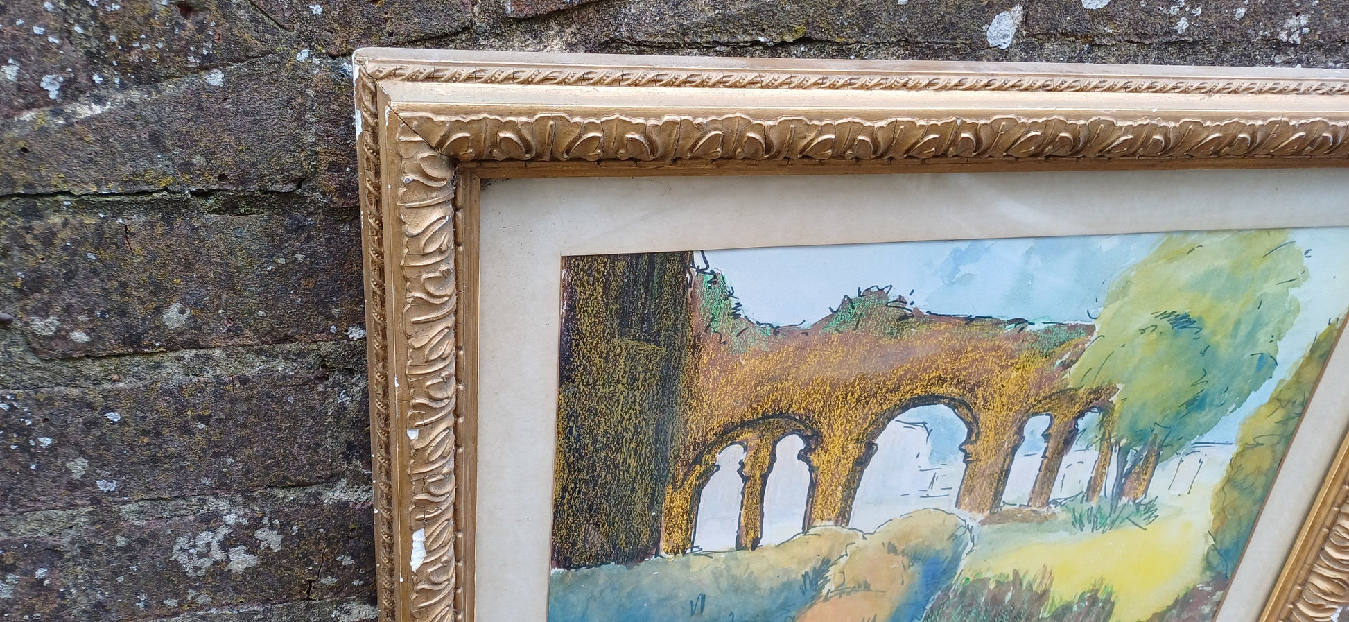 Large 1968 Mixed Media Painting Boxgrove Priory Chichester Sussex. Joyce Barnett. Tasteful Victorian Gilt Frame.