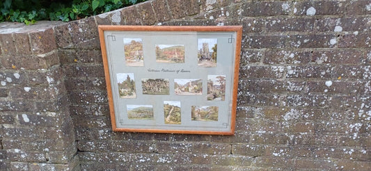 ten original Victorian postcards of Devon and Somerset. Including Porlock. hand mounted on card with hand drawn mount frame. Framed in vintage light wood glazed frame with original wooden backing