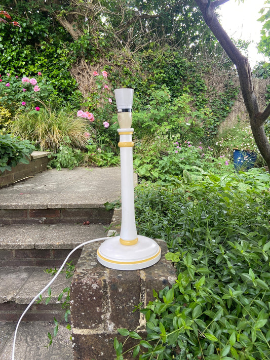 yellow and white painted candlestick style table lamp; laura ashley vintage lamp; yellow stripes