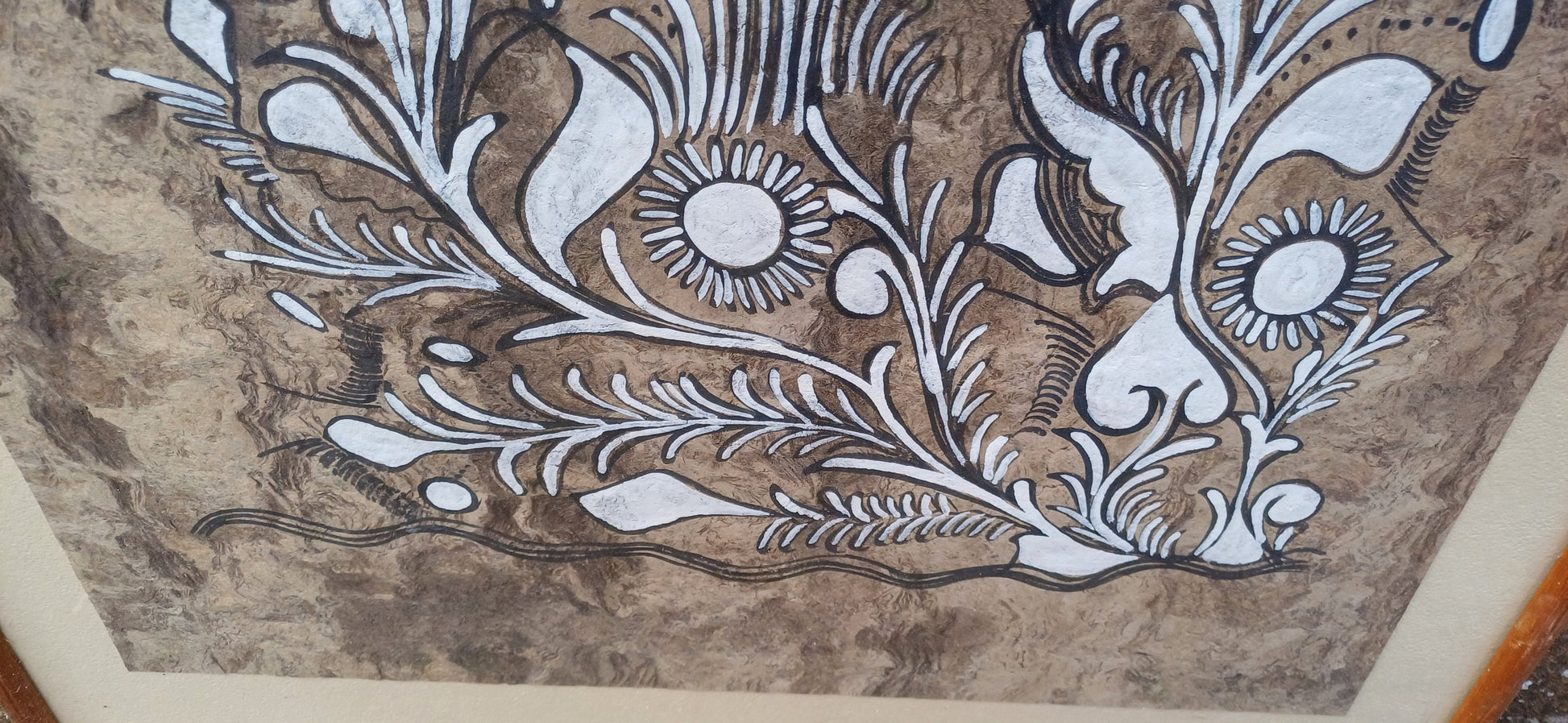Unusual Earthy retro mixed media artwork - country rustic ethnic style - black and white design , print works, in glazed vintage frame