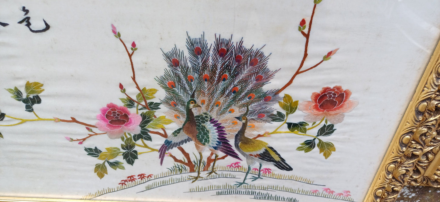 Outstanding Colourful Pair of Vintage Bird of Paradise Embroidery Pictures in Ornate Gold Frames.