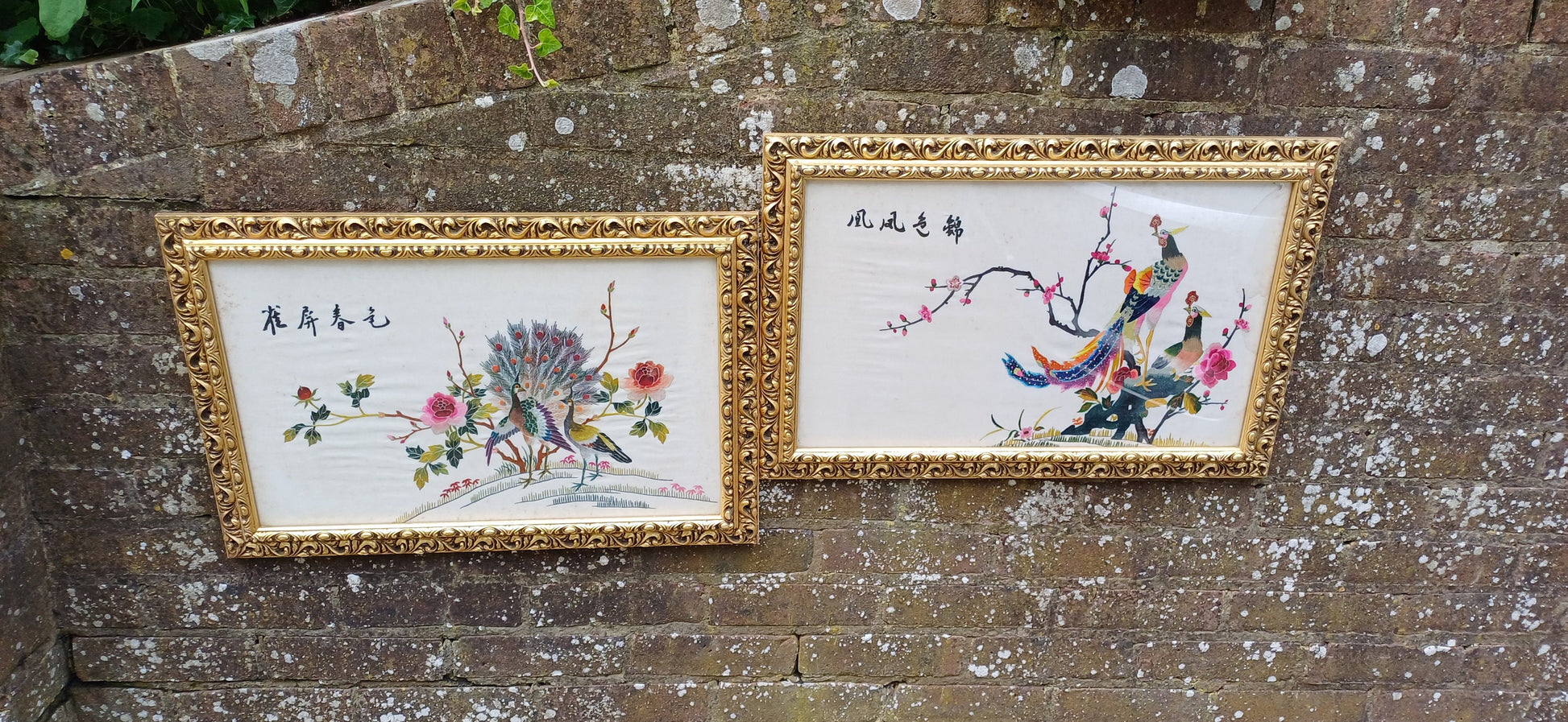 Outstanding Colourful Pair of Vintage Bird of Paradise Embroidery Pictures in Ornate Gold Frames.
