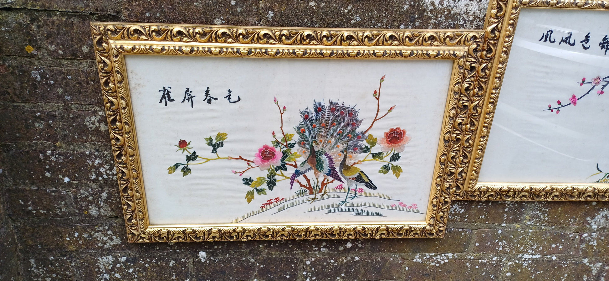 Outstanding Colourful Pair of Vintage Bird of Paradise Embroidery Pictures in Ornate Gold Frames.