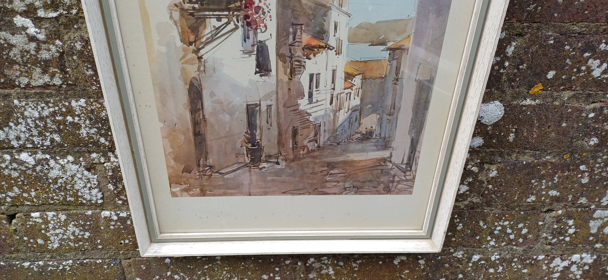 Vintage print Italian Seaside village in Retro wooden frame - Mediterranean seaside town, retro frame glazed