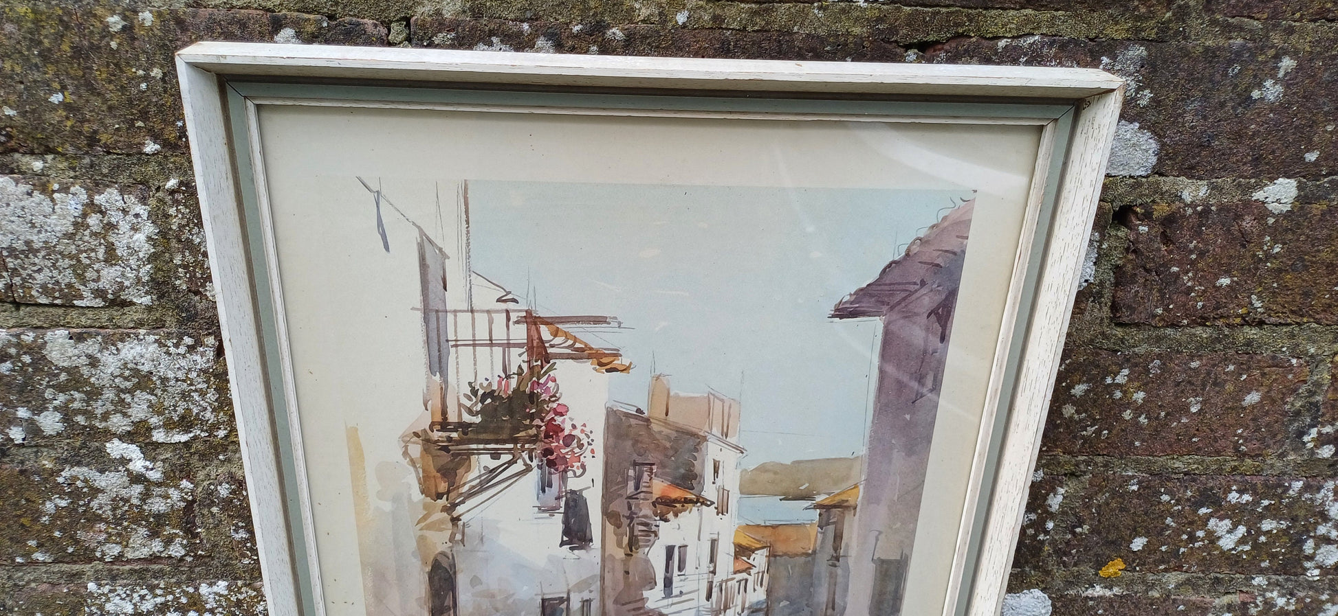Vintage print Italian Seaside village in Retro wooden frame - Mediterranean seaside town, retro frame glazed