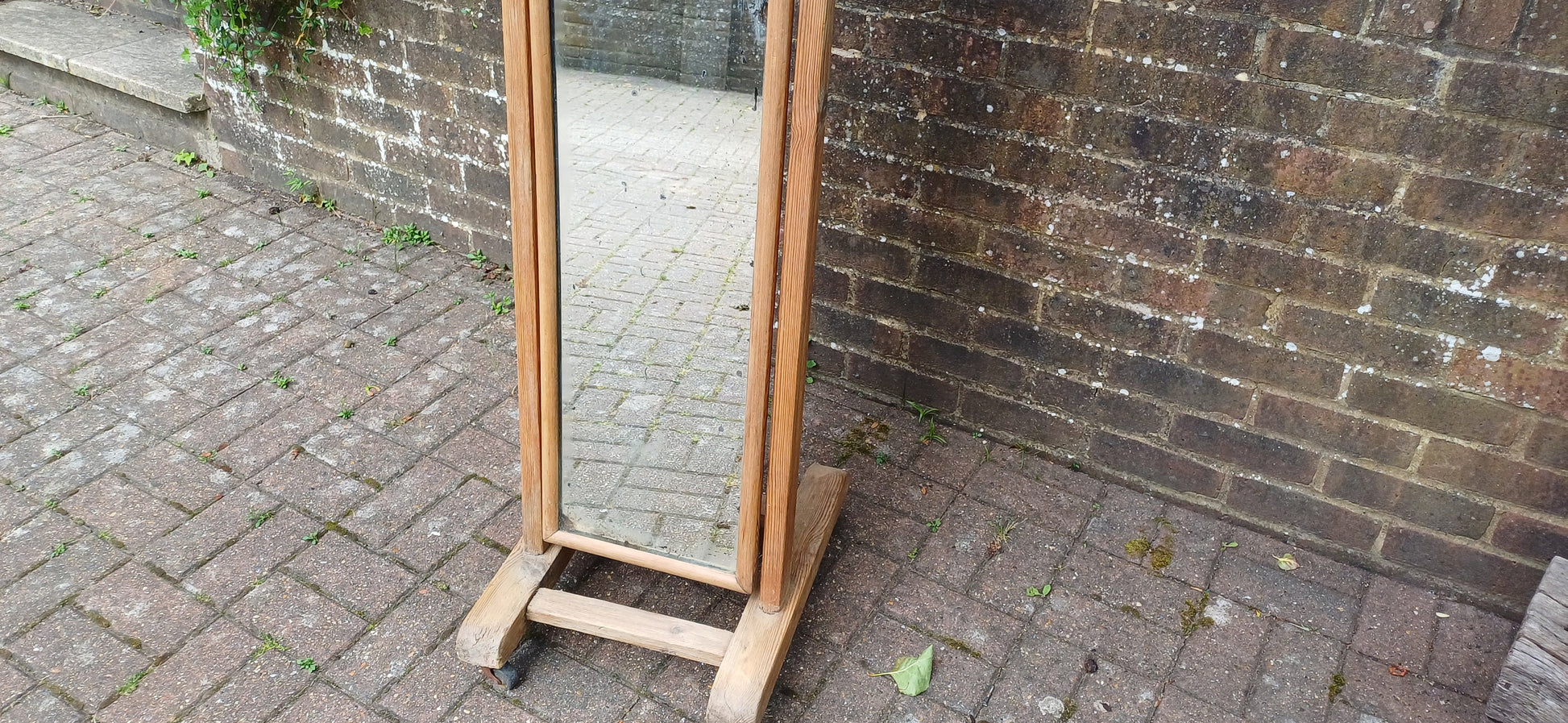 Unusual Former Shop Stripped Pine Cheval Mirror on Castors.