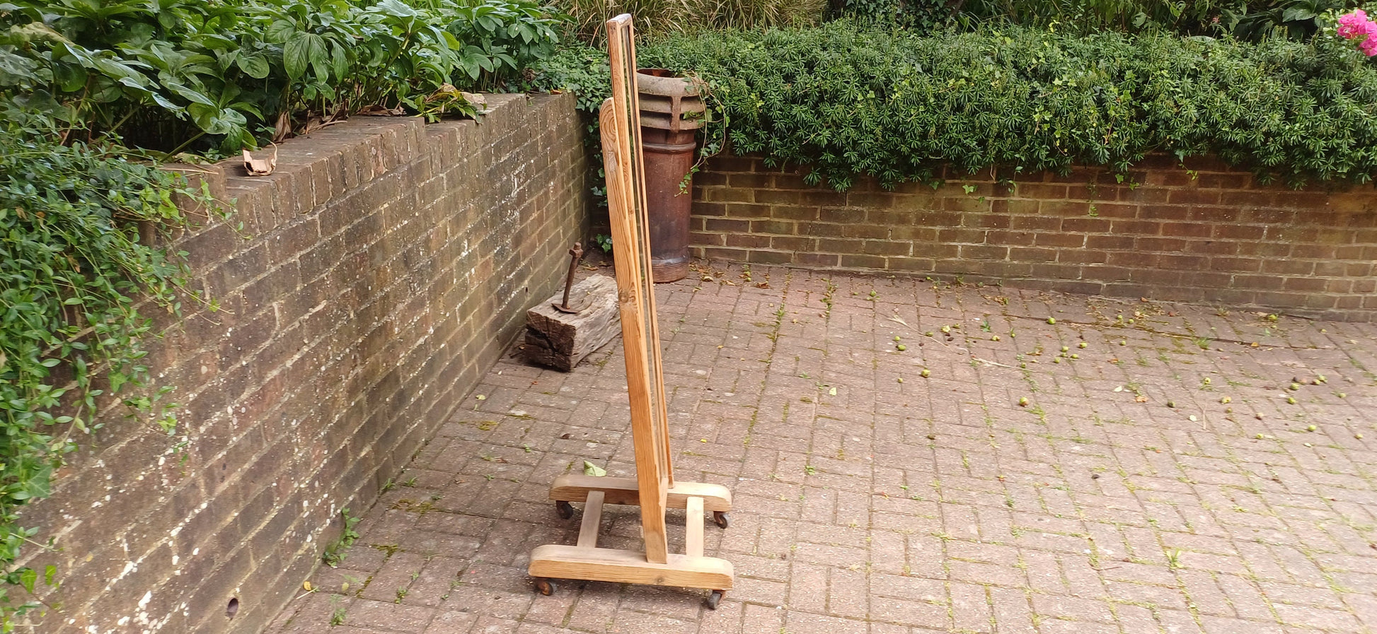 Unusual Former Shop Stripped Pine Cheval Mirror on Castors.