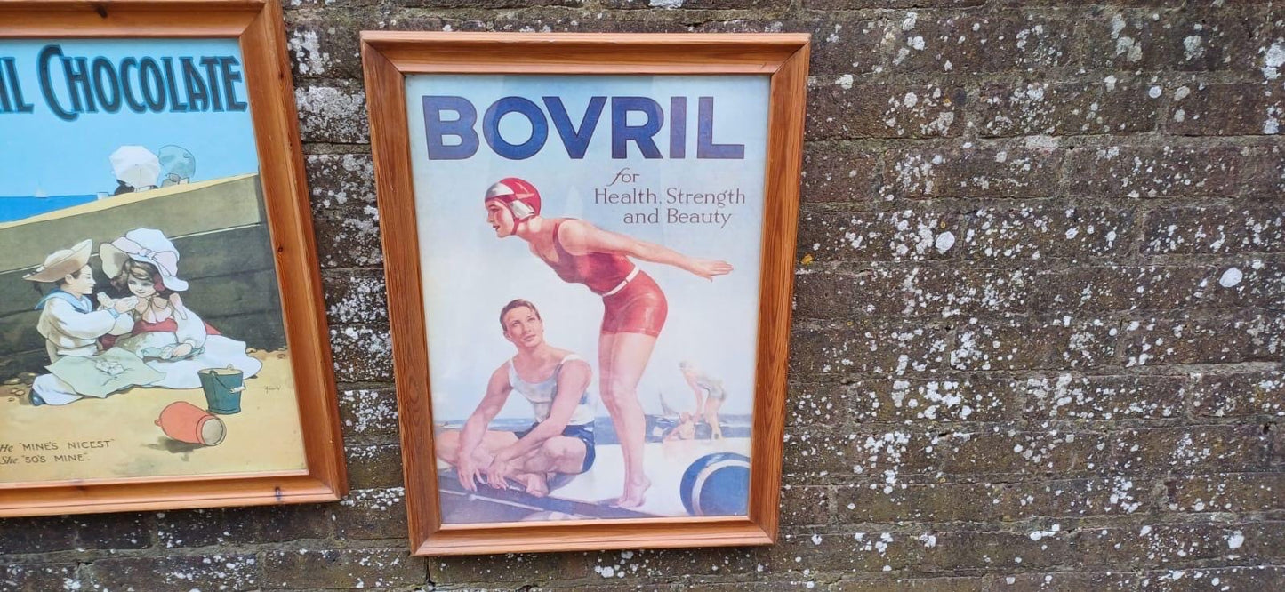 Vintage Bovril Advertising Posters x 2 in glazed vintage pine frames - large retail adverts in frames