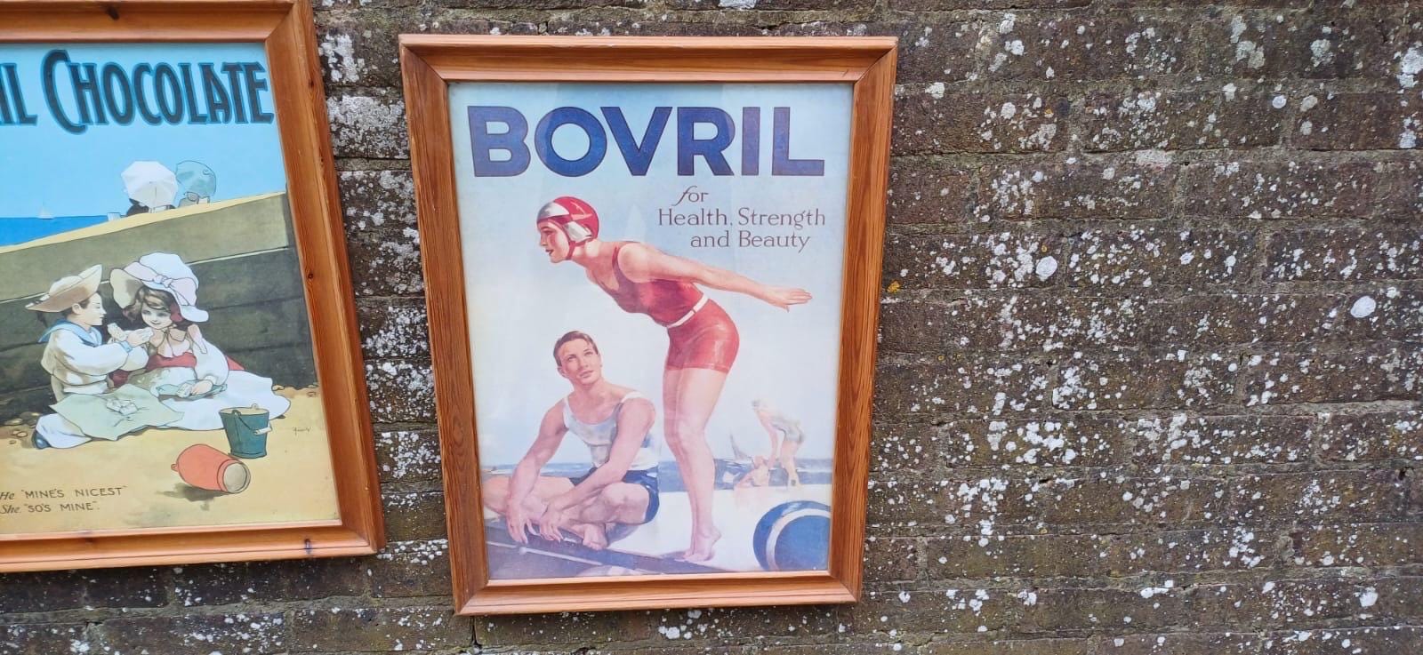 Vintage Bovril Advertising Posters x 2 in glazed vintage pine frames - large retail adverts in frames