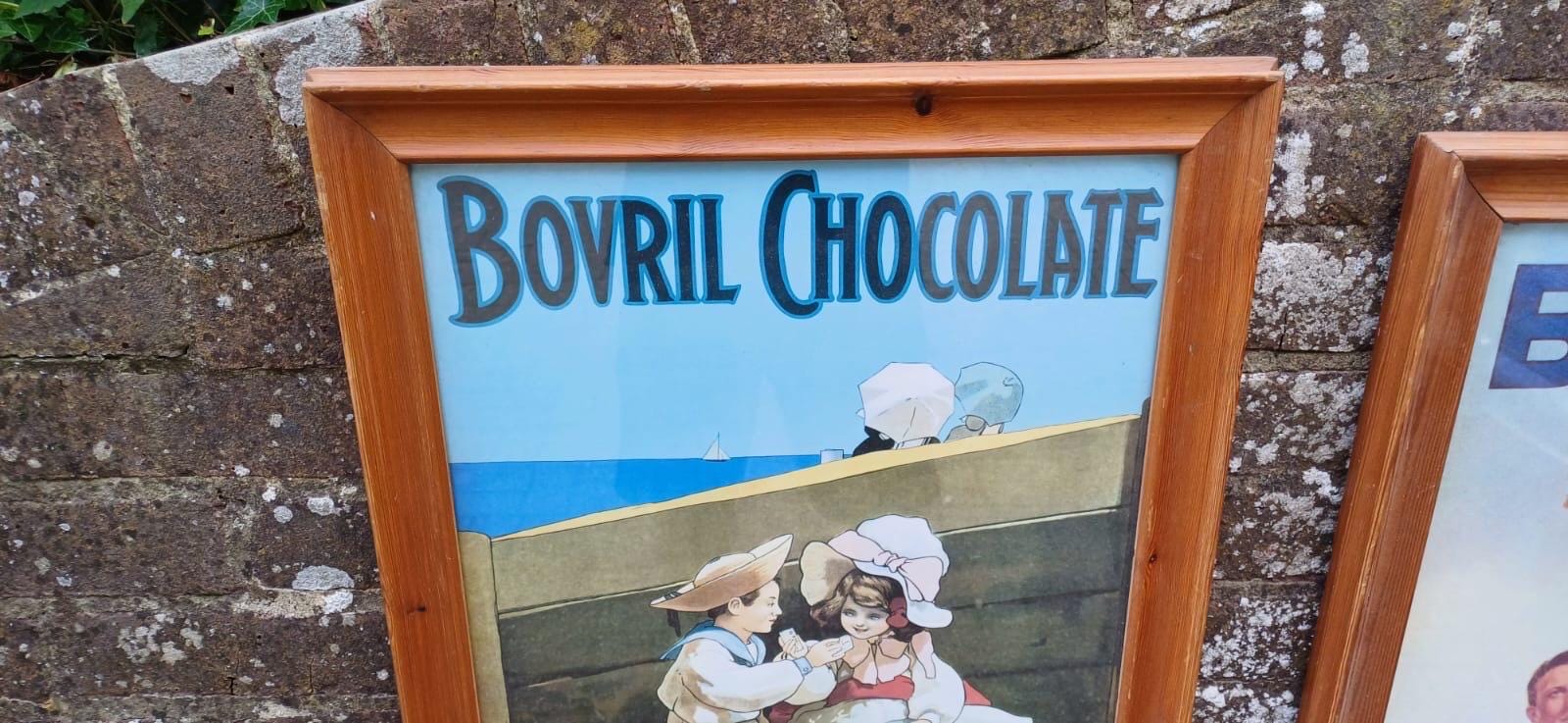 Vintage Bovril Advertising Posters x 2 in glazed vintage pine frames - large retail adverts in frames