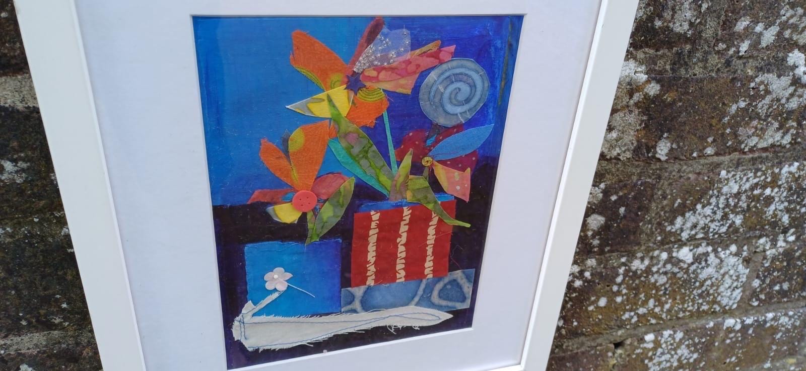 Vintage mixed media picture of Flowers on Display in Vases - "Flowers in a Red Box" by Una Aldridge