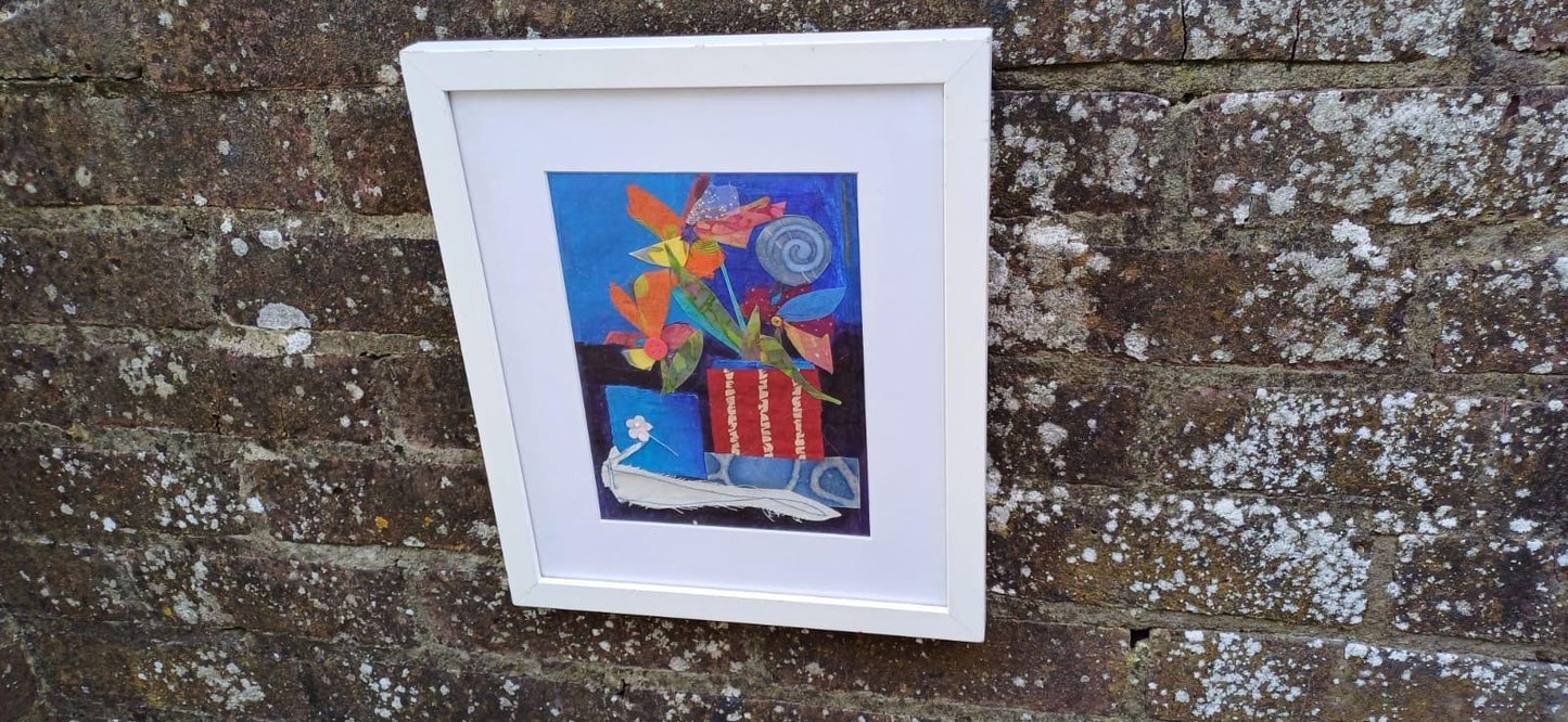 Vintage mixed media picture of Flowers on Display in Vases - "Flowers in a Red Box" by Una Aldridge