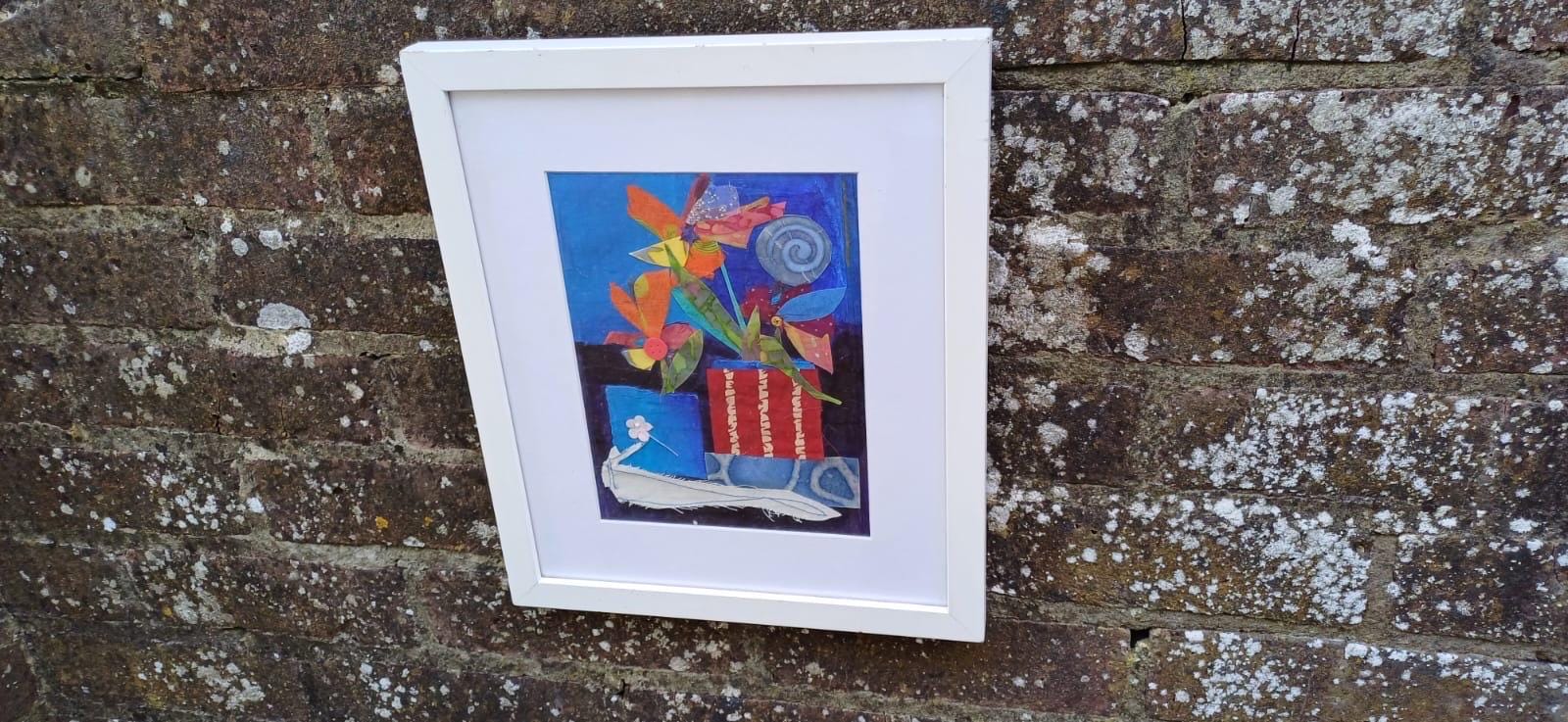 Vintage mixed media picture of Flowers on Display in Vases - "Flowers in a Red Box" by Una Aldridge