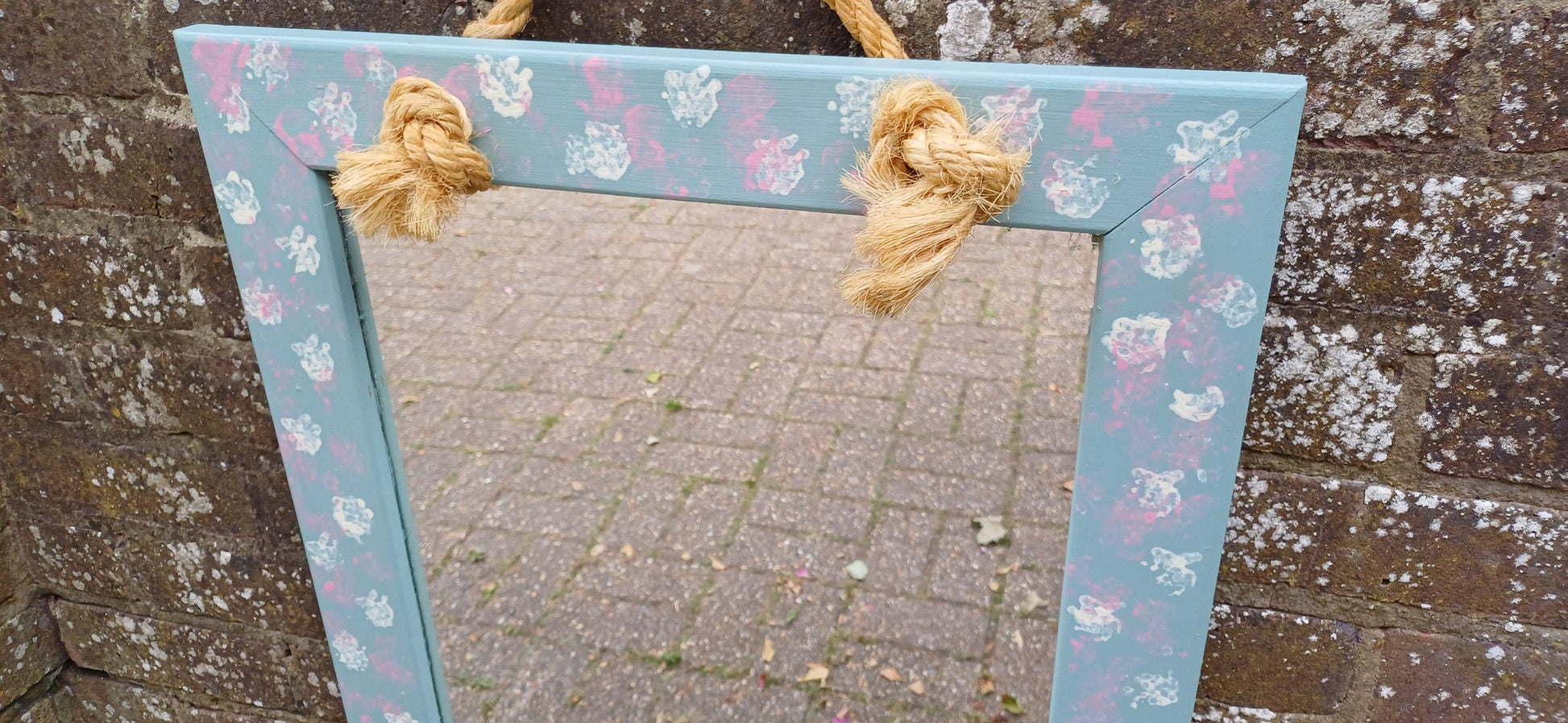 Large Bespoke Hand Painted Mirror with Rope for Hanging. Pink White and Blue