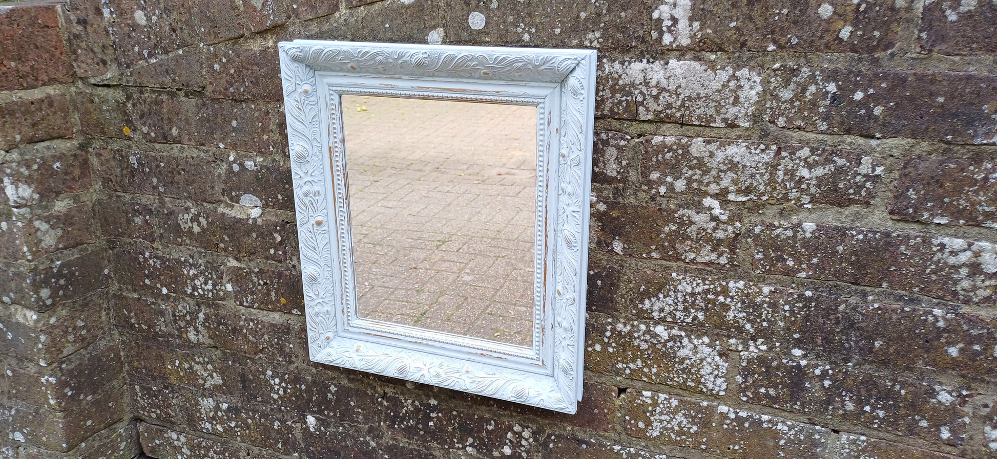 Small Ornate Painted Shabby Chic Mirror in Farrow and Ball Light Blue. Gold Highlights.