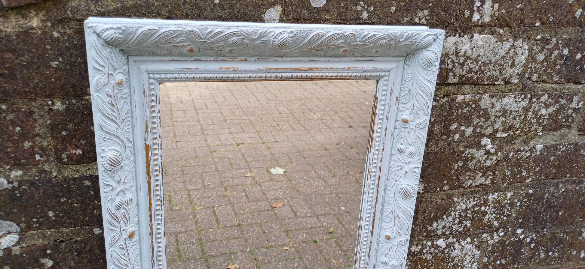 Small Ornate Painted Shabby Chic Mirror in Farrow and Ball Light Blue. Gold Highlights.