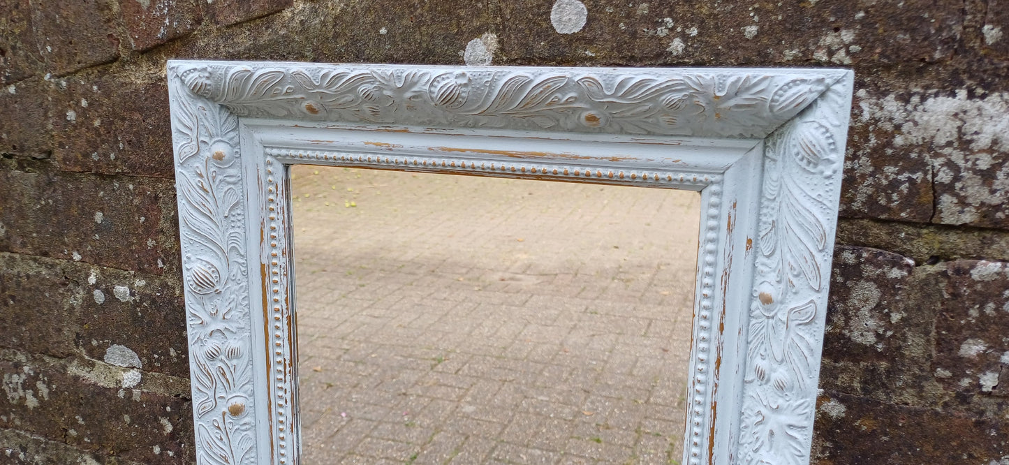 Small Ornate Painted Shabby Chic Mirror in Farrow and Ball Light Blue. Gold Highlights.