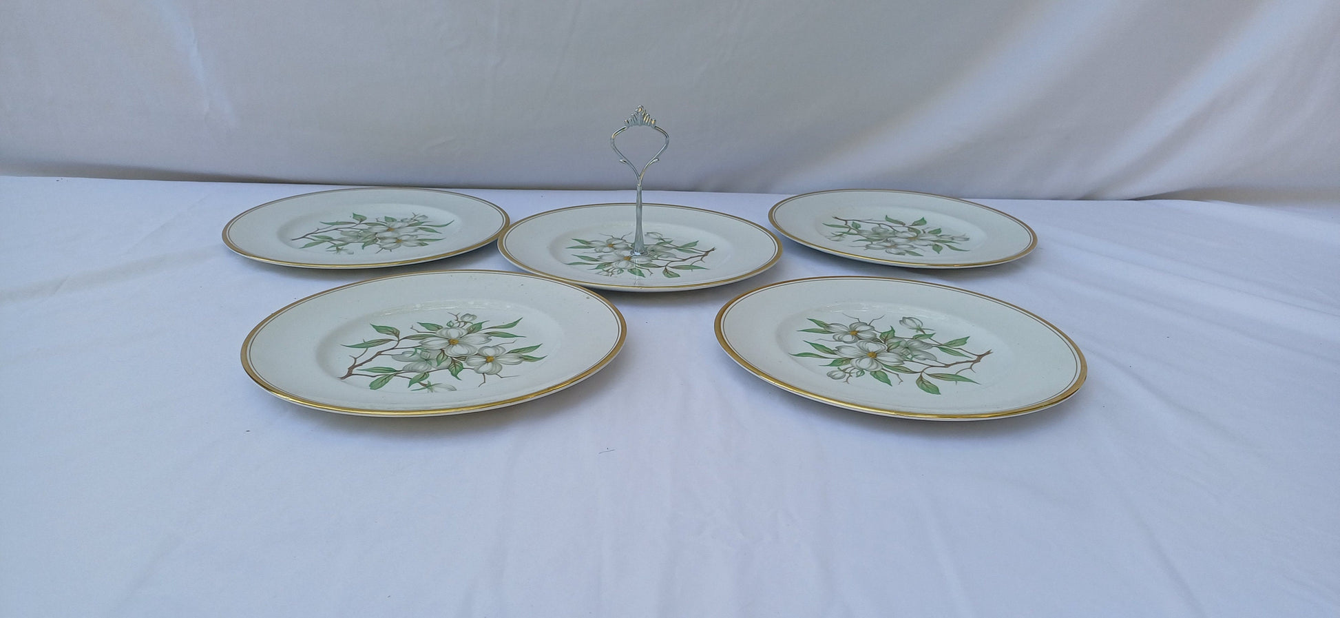 Vintage Simpson’s Potteries ‘Dogwood’ Sandwich Cake Set with Tiered Cake Plate. Tea Party! White Flower Floral