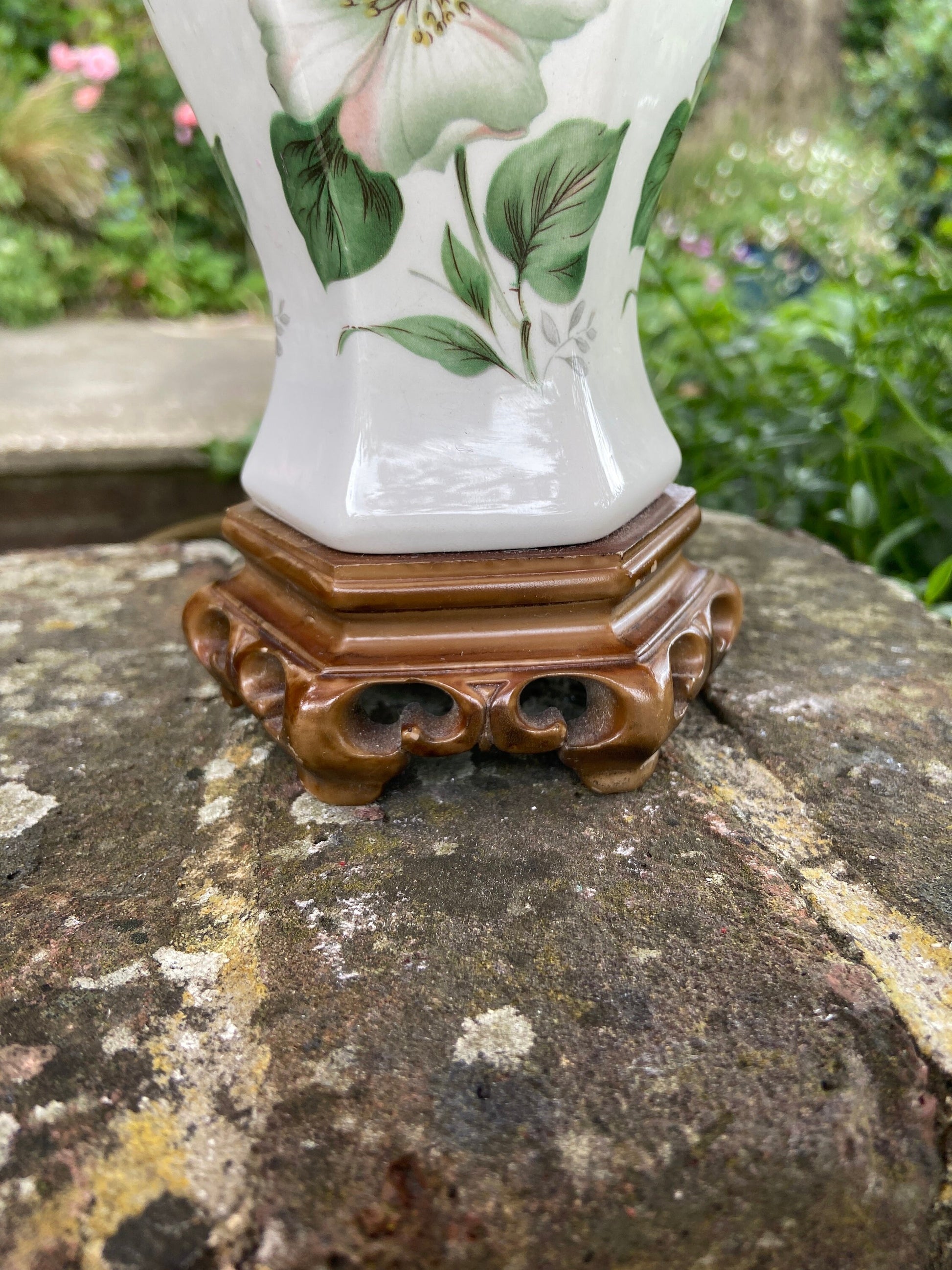 Smaller vintage Oriental Chinese Style Ginger Jar Ceramic Vintage Table Lamp - white with cherry blossoms and a carved resin wooden base