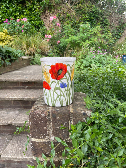hand painted ceramic pottery jar for utensils storage or even as a vase; beautiful handpainted spring flowers including poppies, cornflowers, corn ears. signed by artist