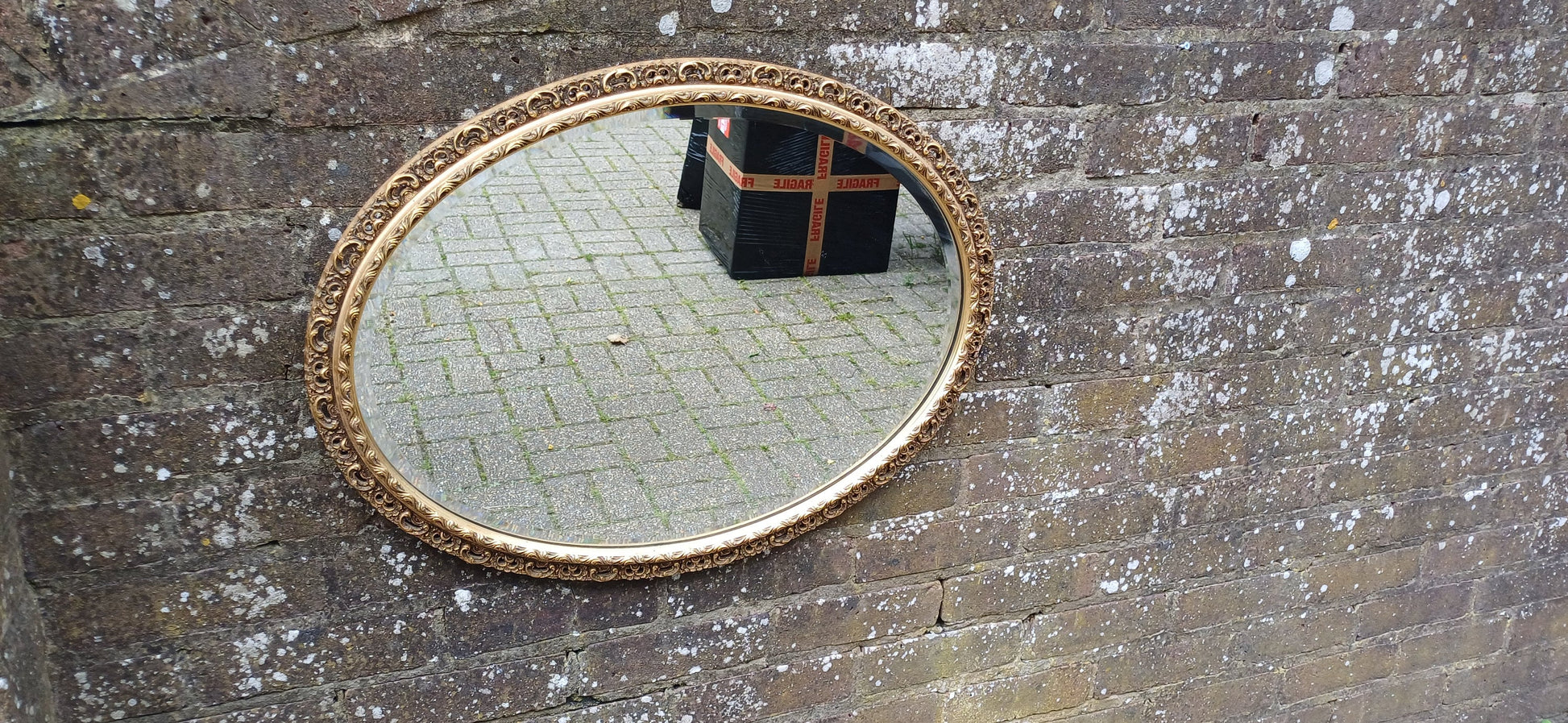 Large Vintage 50s Ornate Gold Oval Wall Mirror.