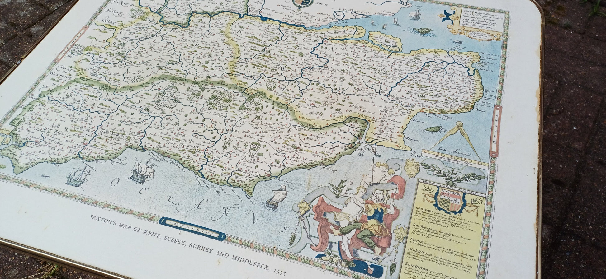 Vintage Retro Caxton Map 60s Coffee Table Saxton’s Map of Kent, Sussex, Surrey and Middlesex, 1575.