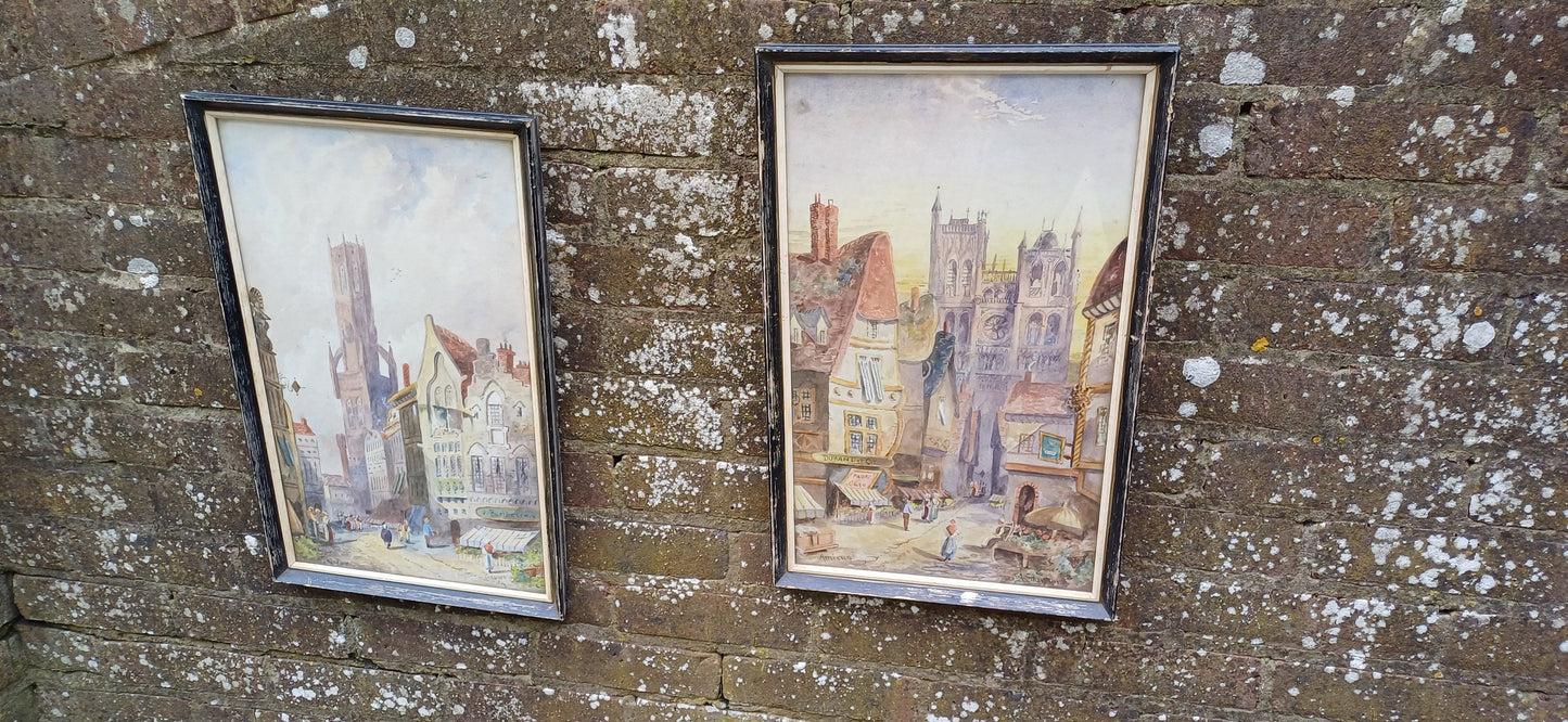 very attractive mid century, maybe earlier, original watercolour paintings of Amiens and Bruges. Delightful paintings. Framed in black painted frames with glazing