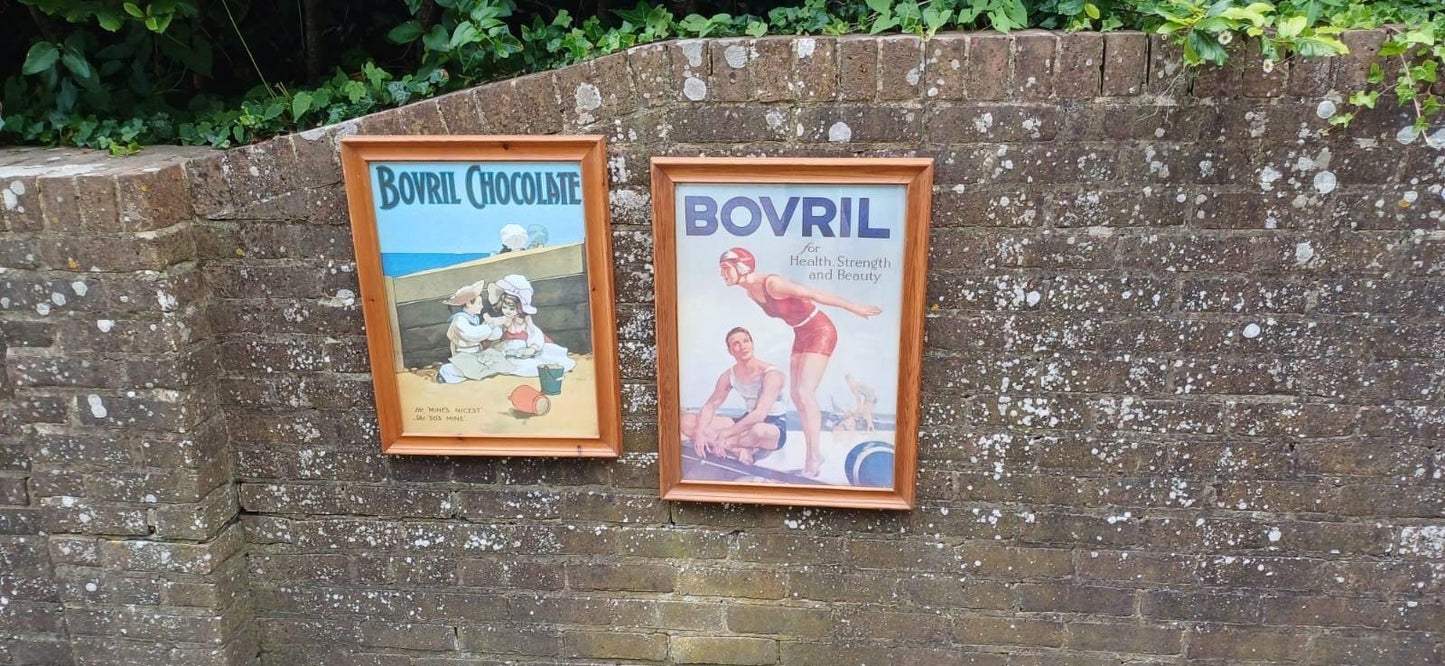 large advertising vintage posters for bovril. in good vintage pine glazed frames.
