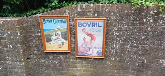 large advertising vintage posters for bovril. in good vintage pine glazed frames.